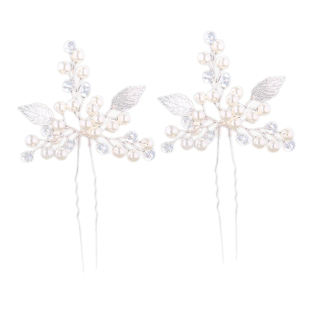 2pcs Women's Wedding Hairpin Pearls Leaf Handwork Folder Headwear Bridal Hair Accessories (Silver)