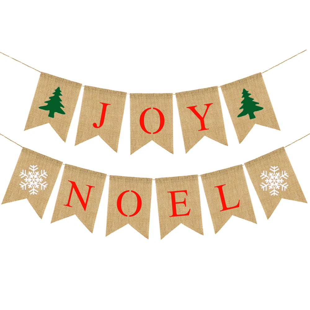 Christmas Party Decoration Burlap Banners Set Letter Printing Snowflake and Christmas Tree Printing Garland Bunting Linen Swallowtail Flag Background Layout Props