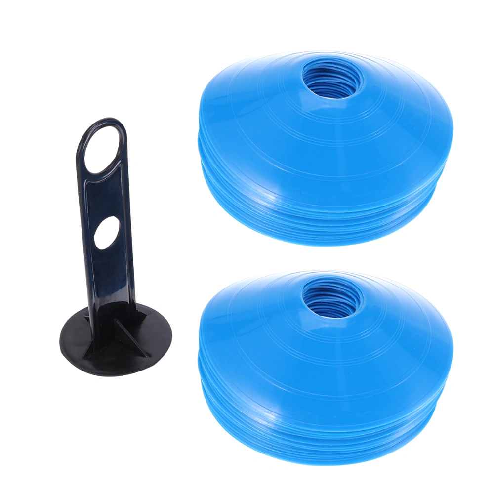 26pcs Football Training Sign Dish Plate Cone Marker Tray Football Training Tray (25pcs Blue Marker Tray, 1pc Black Rack)