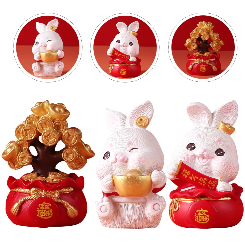 1Set Tabletop Cartoon Zodiac Rabbit Figurine Resin Money Tree Statue Decoration for Desktop