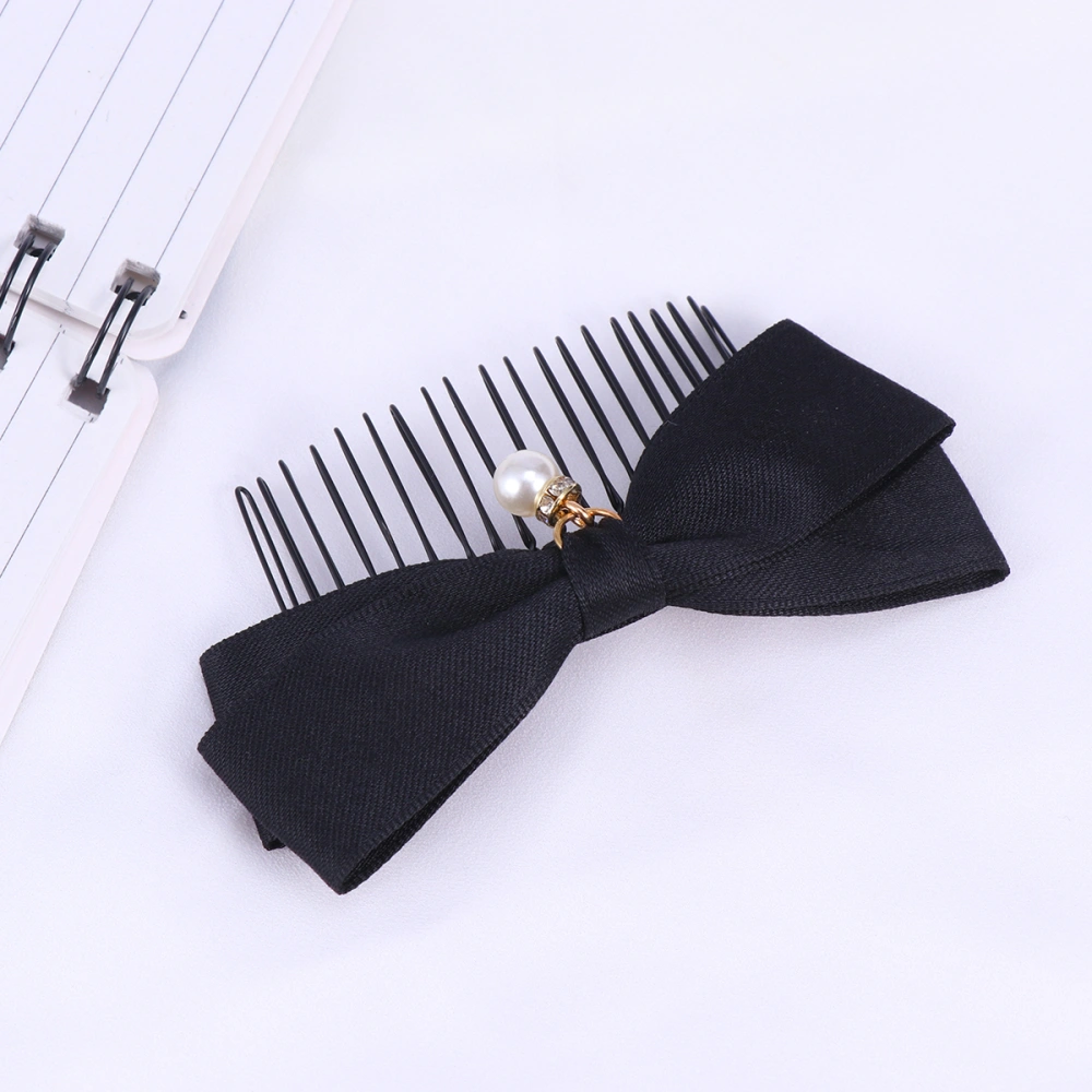 Elegant Hair Comb Bowknot Bang Hair Accessory Inserted Combs Headdress for Women Girls Black (with Pearl)