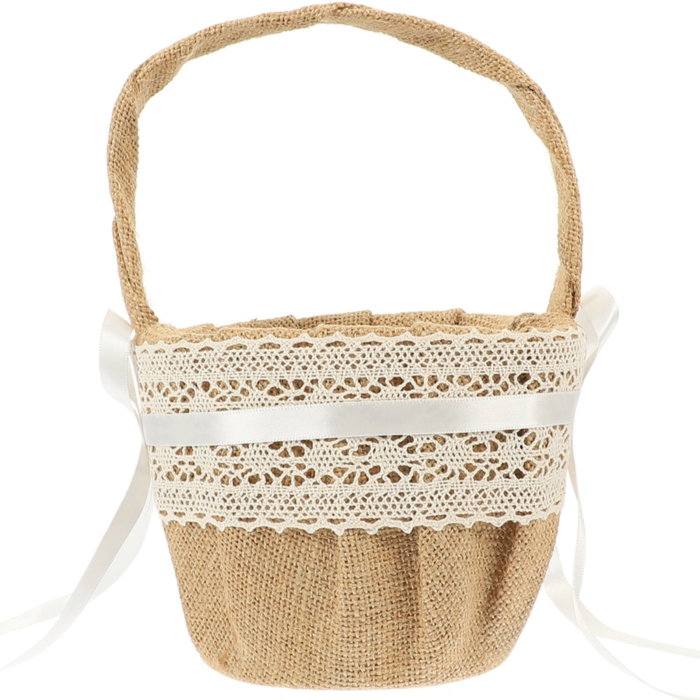 Delicate Lace Ribbon Decorated Burlap Flower Basket for Wedding Ceremony Party