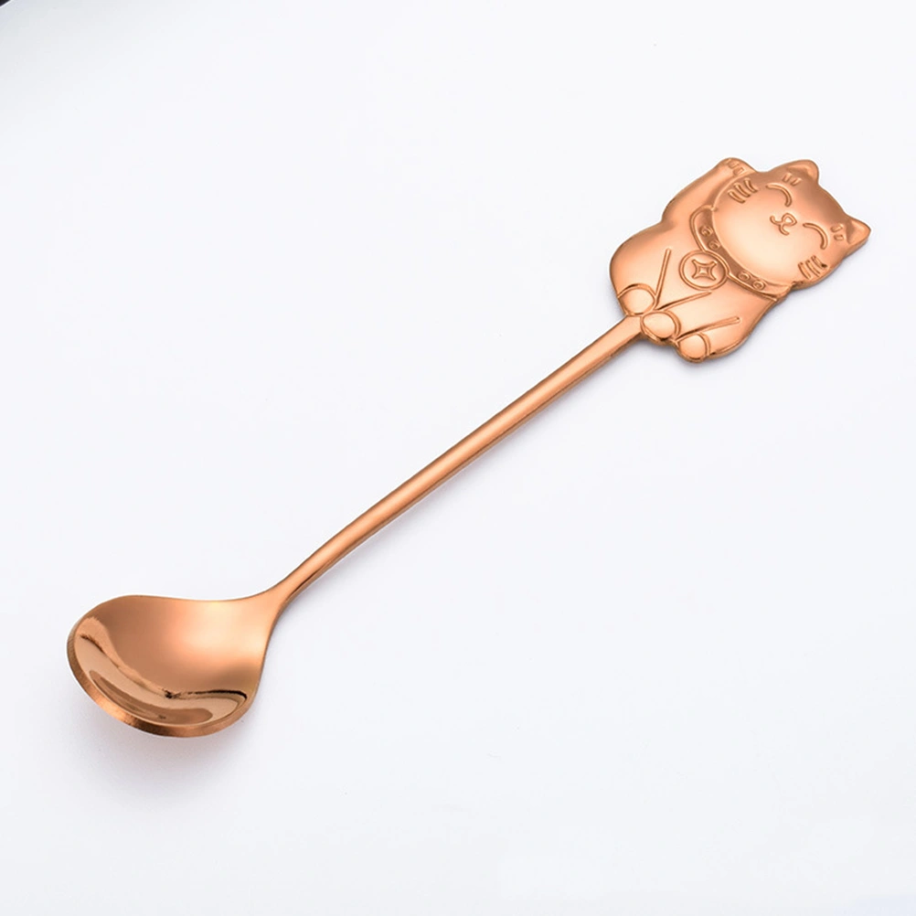 304 Stainless Steel Luck Cat Coffee Stirring Spoon Cartoon Dessert Spoon for Eating Dinner Kitchen (Rose Gold)