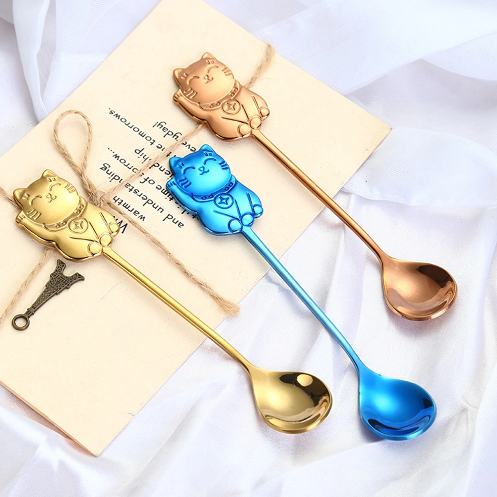 304 Stainless Steel Luck Cat Coffee Stirring Spoon Cartoon Dessert Spoon for Eating Dinner Kitchen (Rose Gold)