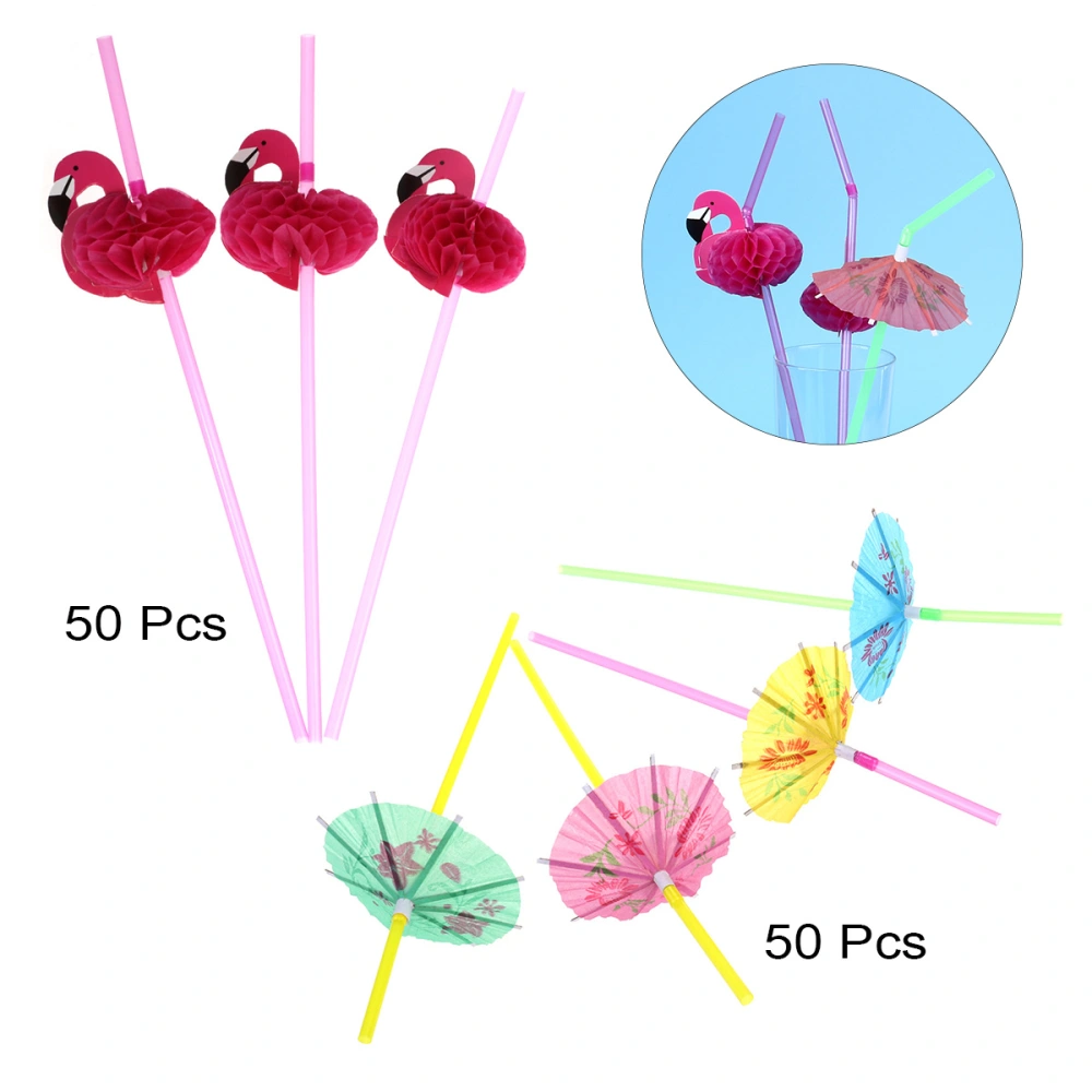 100pcs Tropical Drinking Straws Luau Wedding Hawaiian Umbrella Flamingo Flower (Mixed Color)