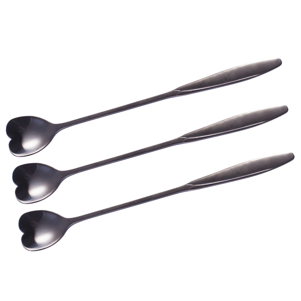 3 Pcs Stainless Steel Spoons Creative Long Handle Flower Shaped Heads Stirring Coffee Spoons for Milk Tea Cocktail Dessert - Heart(Black)