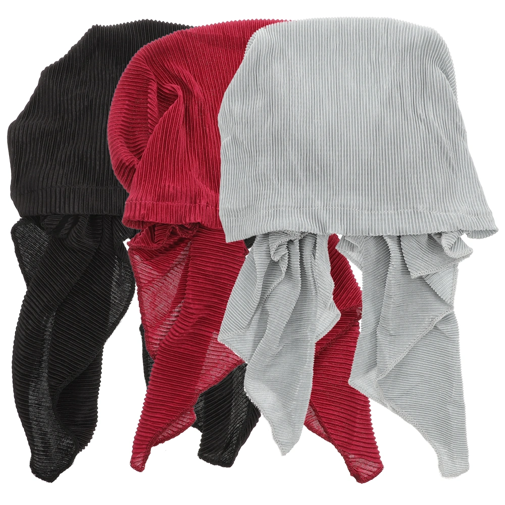 3pcs Cotton Scarf Muslim Turbano Drape Curved Hat Breathable Head for Women Ladies (Red + Black + Grey)