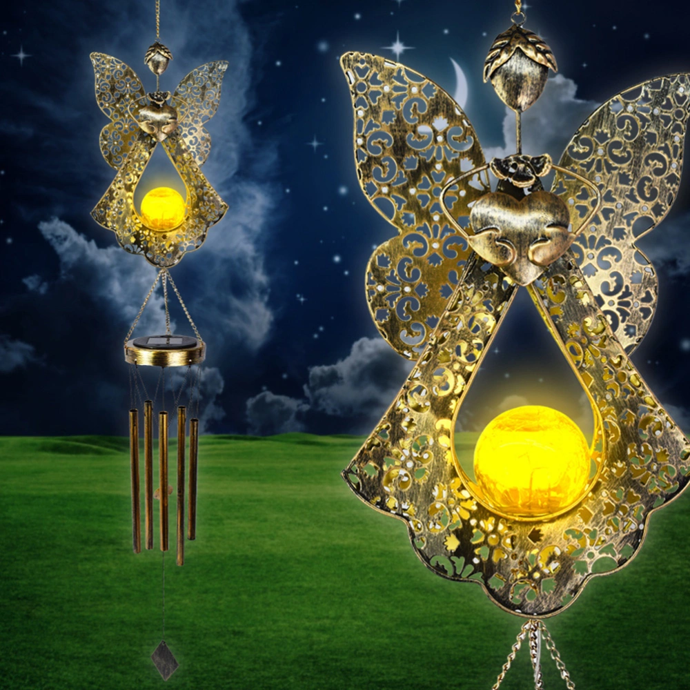 Metal Iron Angel Wind Chime With LED Crackle Glass Ball Solar Powered Wind Chime