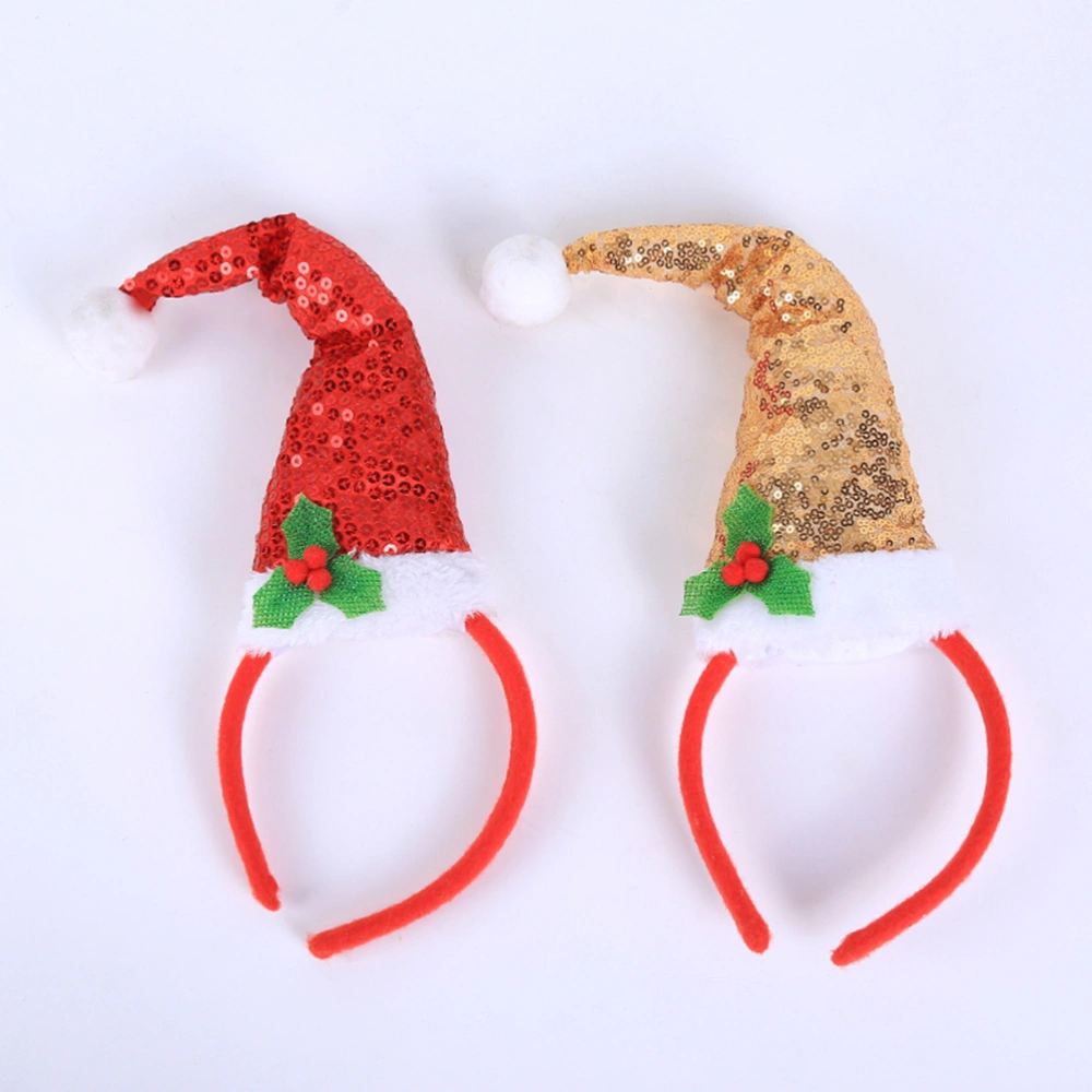 2pcs Christmas Hat Headbands Costume Outfit Accessory Decorative Sequin Hair Hoops Headdress Party Favors (Golden/Red)