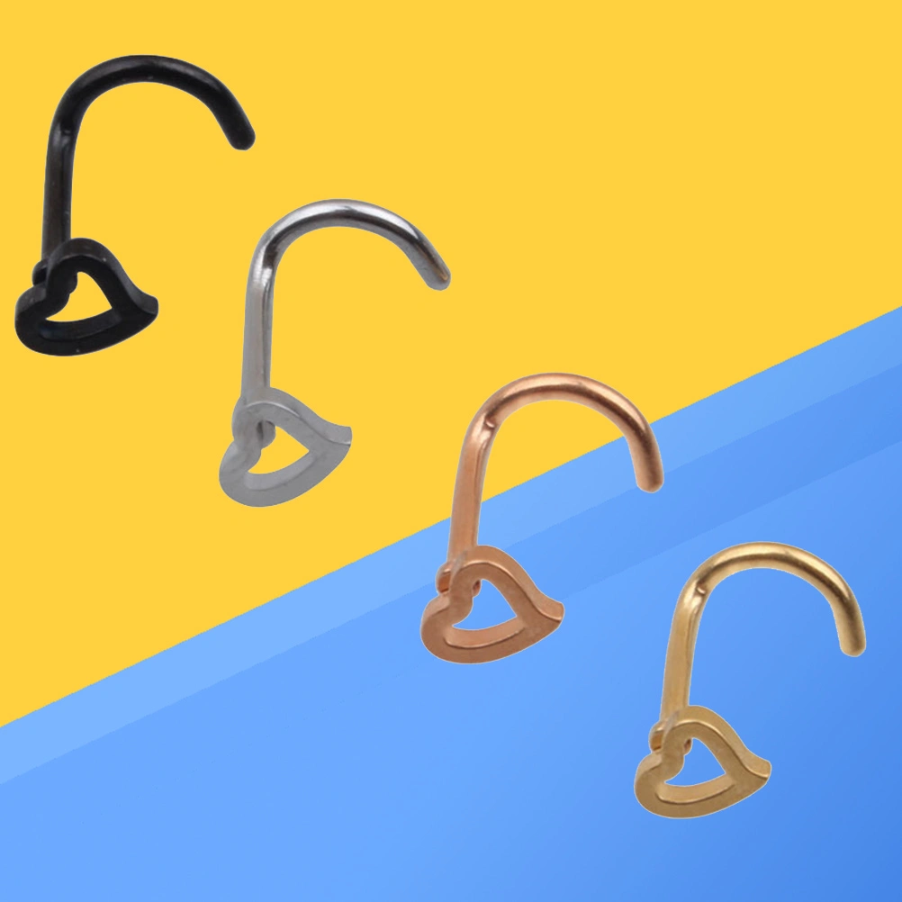 4Pcs Heart Nose Studs Piercing Nose Ring Screw Stainless Steel Curved Nose Nails
