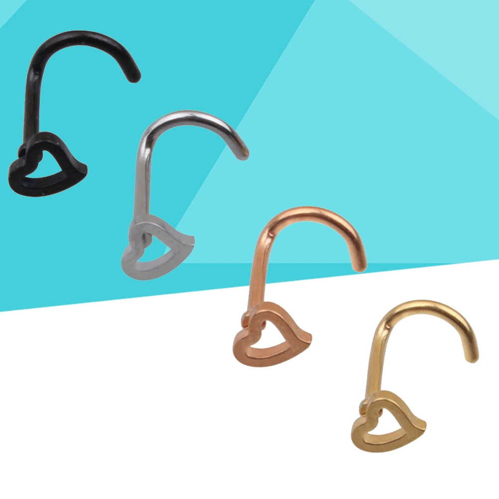 4Pcs Heart Nose Studs Piercing Nose Ring Screw Stainless Steel Curved Nose Nails