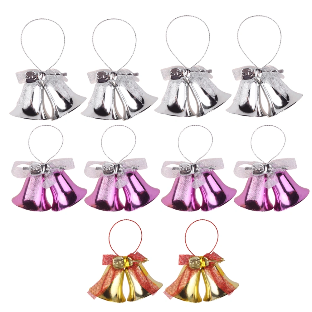 10PCS Christmas Double Bell Decoration Hanging Small Bell Ornament with Bowknot Ribbon for Christmas Tree (Assorted Color)