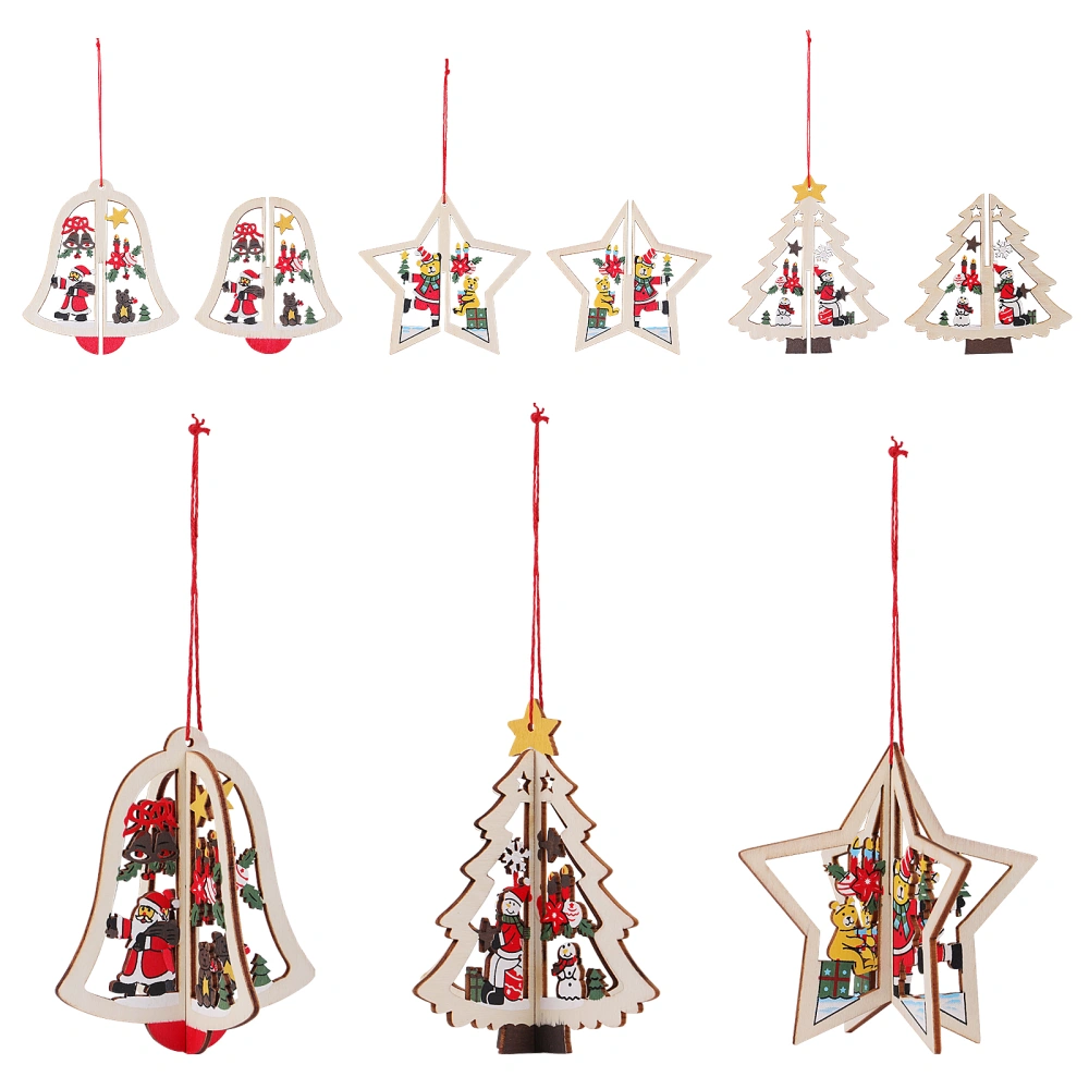 Tinksky 9pcs Christmas Hanging Pendants Wooden Carving Hanging Ornaments Includes Five-pointed Stars Bells Christmas Trees