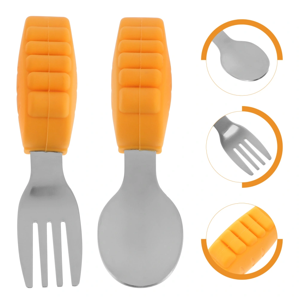 1 Set 2Pcs Baby Training Tableware Stainless Steel Spoon Fork Kit Short Handle Toddler Utensil