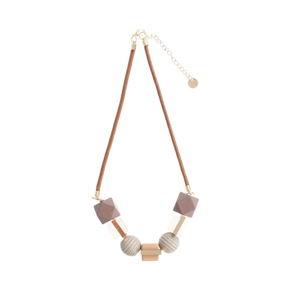 Women Creative Geometric Necklace Dangling Colored Wood Pendant Stylish Jewelry for Adults (Pink)