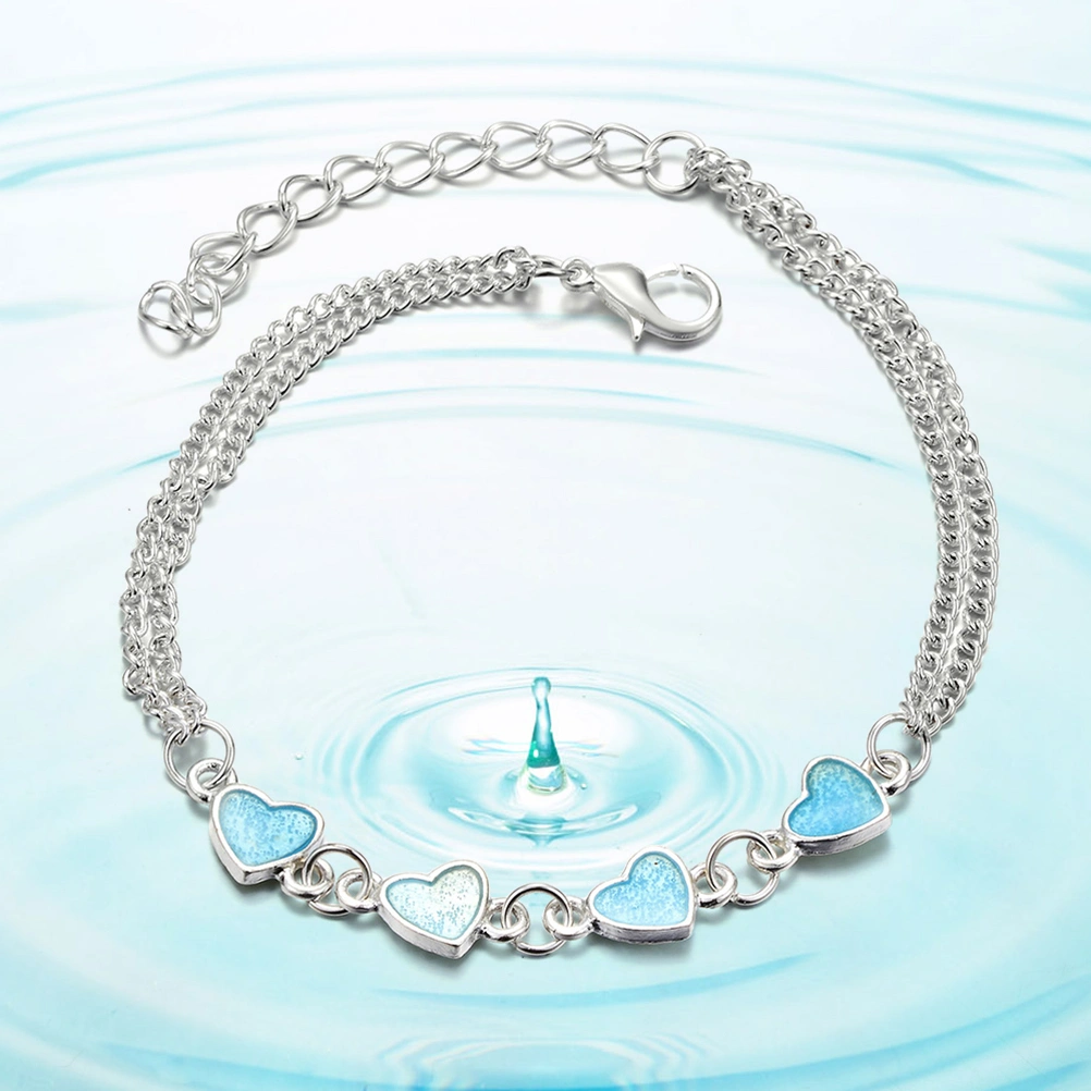 Fashion Alloy Tassel Blue Noctilucent Heart Beads Bracelets for Women Jewelry Foot Chain Anklets Accessories (Random Color Heart)