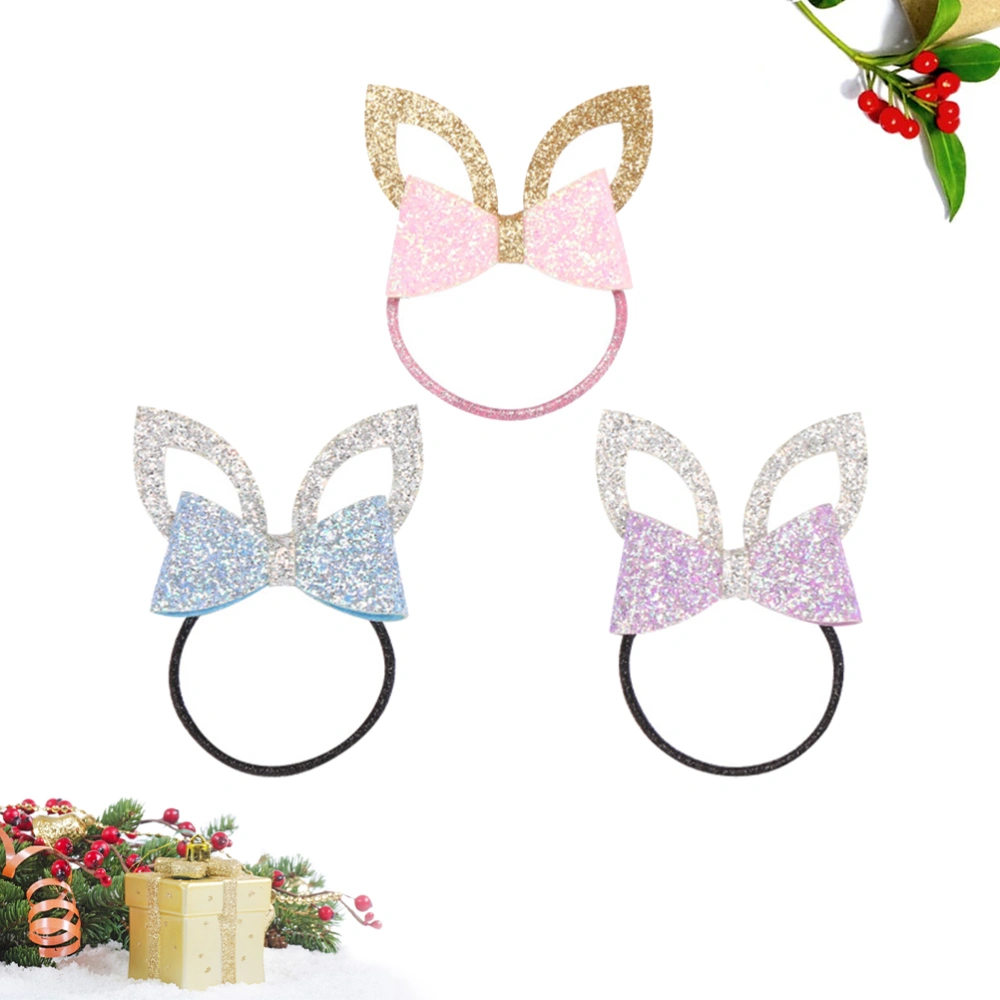 3pcs Glitter Ear Bowknot Hair Scrunchies Hair Ties Cloth Bow Hair Ring Rope for Kids Children (Pink, Purple, Blue)