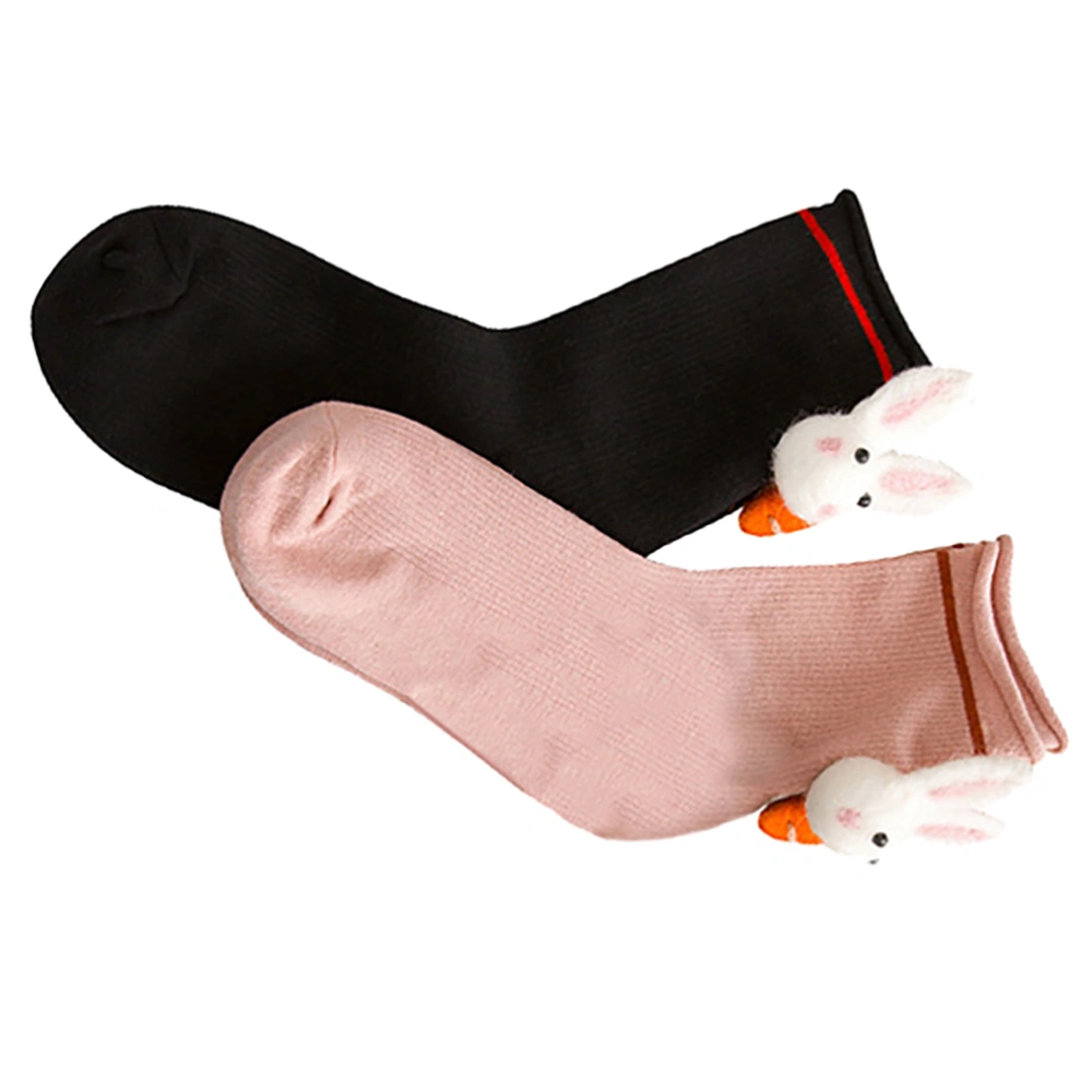 2 Pairs Ladies Comfortable Cotton Socks Lovely Cartoon Edge-rolling Socks