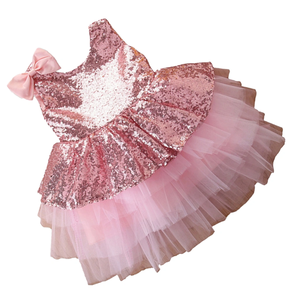 Baby Girl Sequins Bowknot Tutu Skirt Stage Performance Costume Infant Apparel Dancing Dress Outfits Baby Clothes (Pink-100cm)