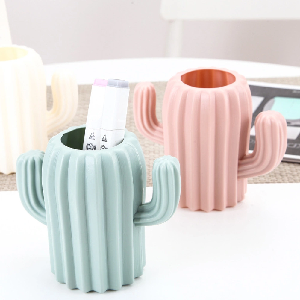 Resin Cactus Shape Pen Holder Desktop Organizer Pencil Barrel Stationery Container Desktop Pen Bucket for School Office (Green)