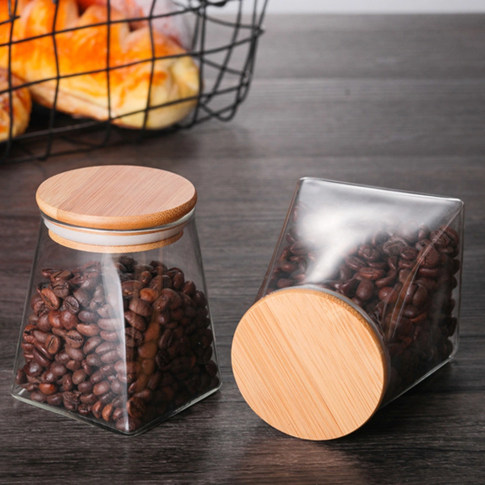 Geometric Grains Storage Tank Airtight Storage Jar Sealed Can Glass Food Classification Storage Container with Wooden Cover(750ML)