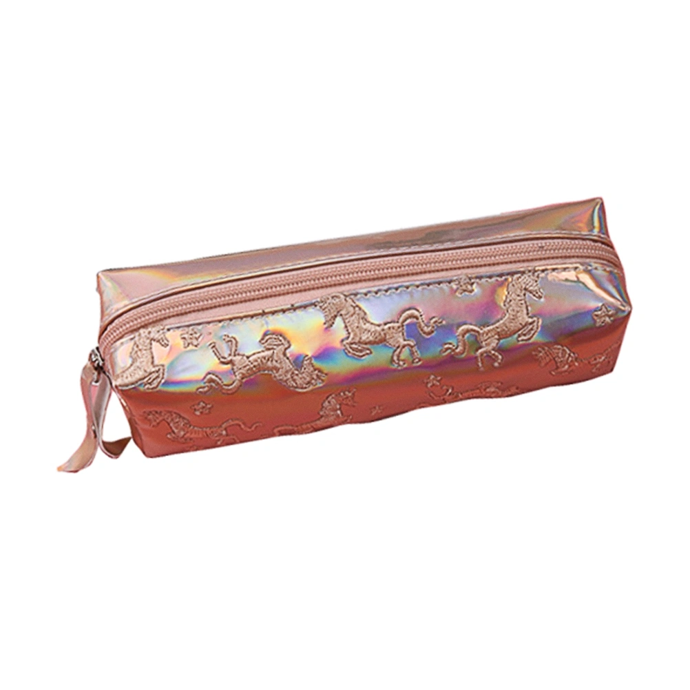 Unicorn Pencil Case Glitter Pen Bag Cosmetic Bag Zipper Closure Pouch for School Students - Size S(Champagne)