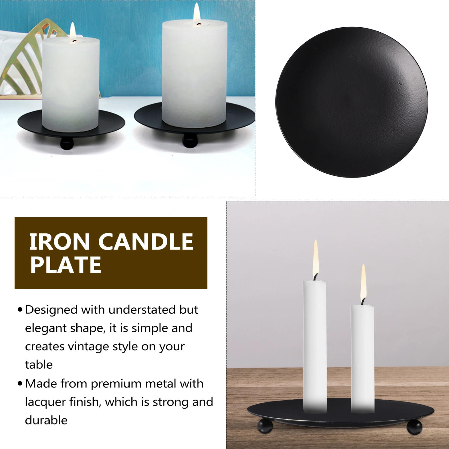 VOSAREA 3Pcs Iron Candle Plate Decorative Iron Pillar Candle Holder Candle Stand for LED Wax Candles Home Hotel Spa Weddings (Black)
