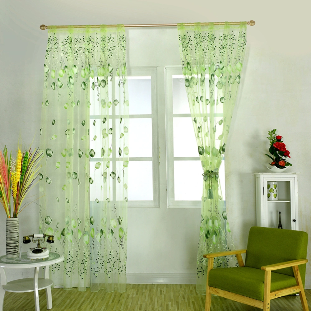 100x200cm Transparent Tulip Flower Sheer Curtains Window Screen Tassel Floral Tulle Voile Door Scarf Drapes Valance for Bedroom Living Room Home Decor (Green)