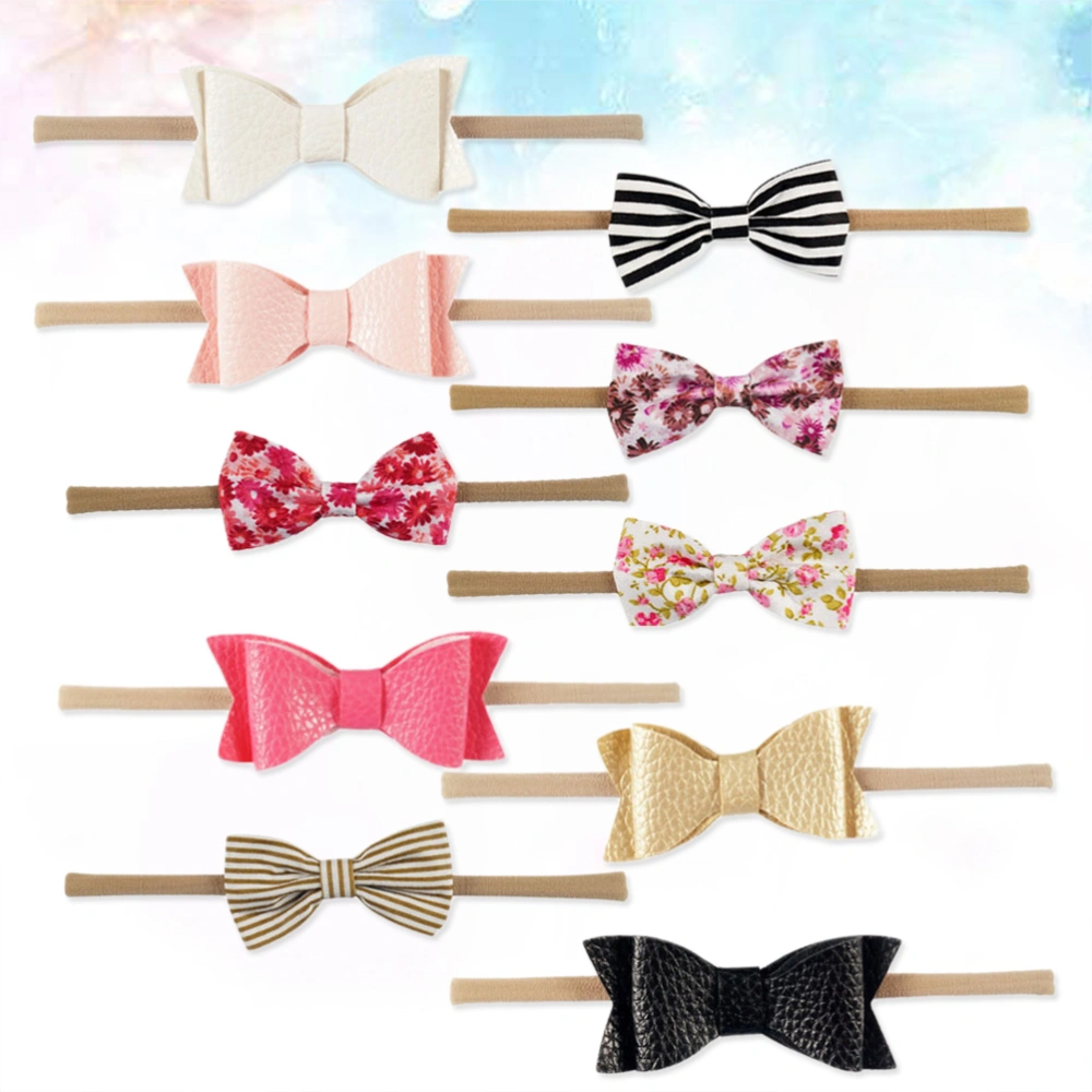 10pcs Nylon Handmade Bowknot Headband Leather Swallowtail Hairbands for Toddler Infant Random Style