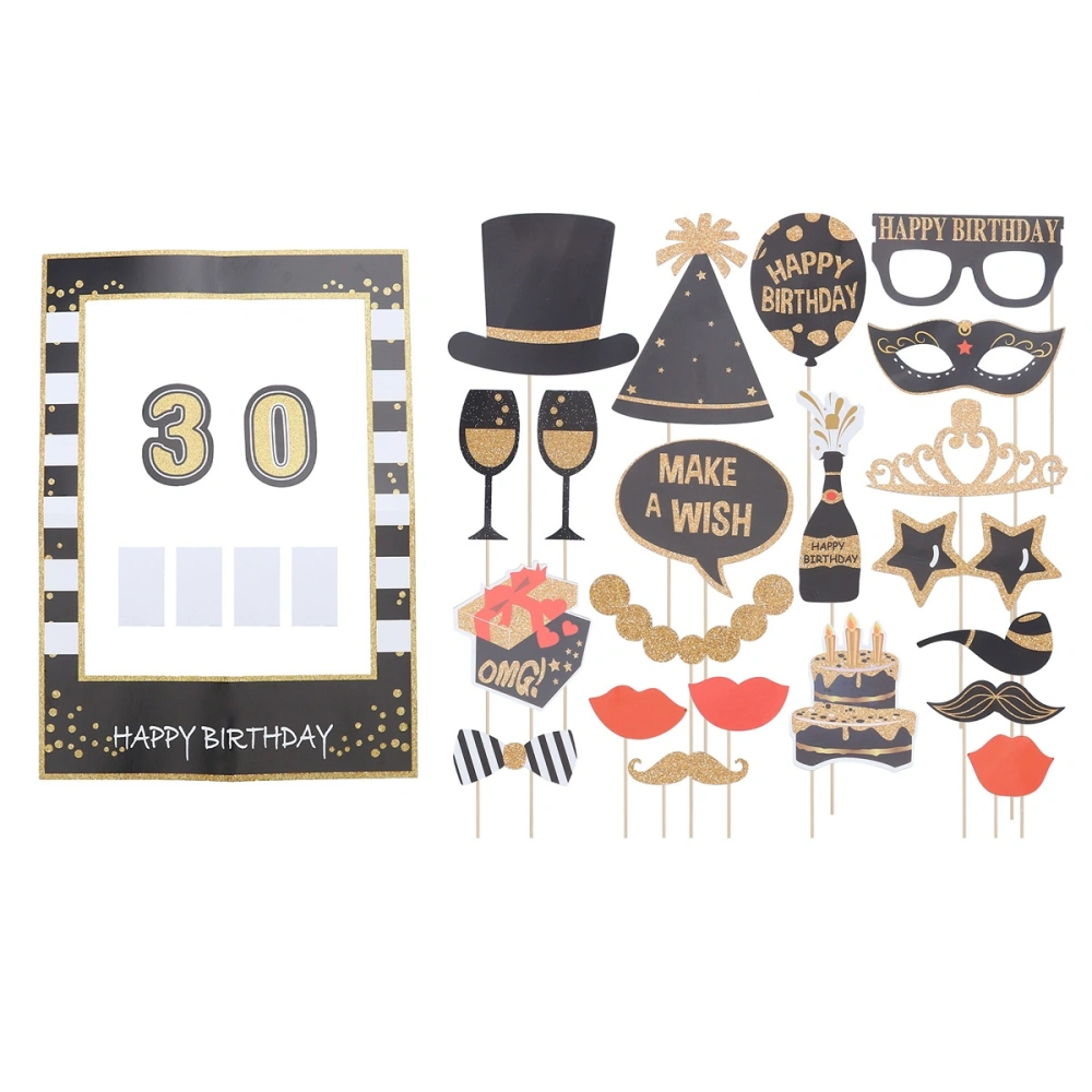 22pcs Glitter Paper 30 Years Old Birthday Party Photo Frame Props Creative Glasses Crown Decoration Photo Booth Props Set Photography Accessories Party Supplies