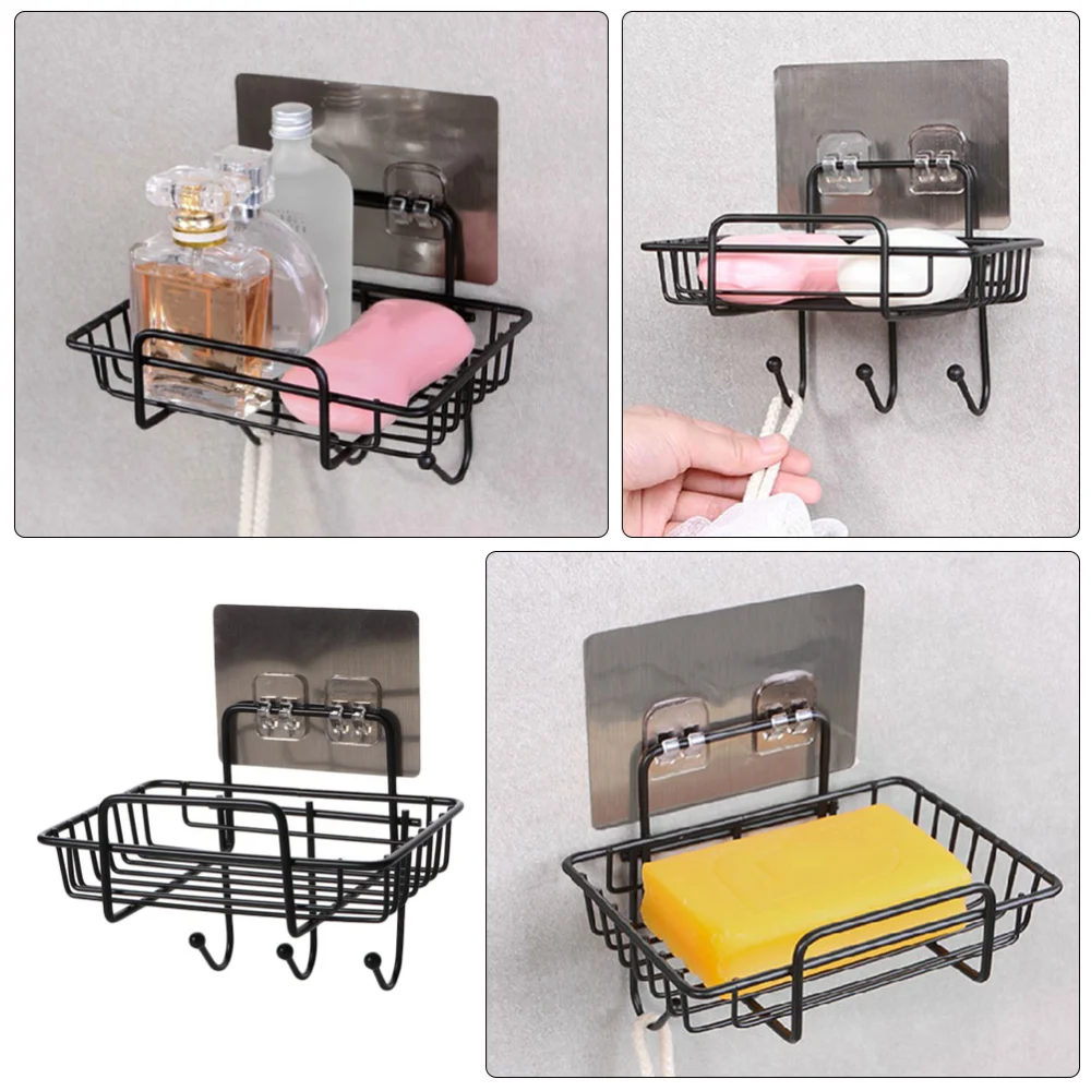 1Pc Wall-mounted Soap Rack Household Storage Rack with Hook for Kitchen (Black)