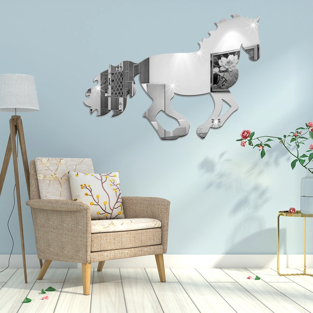 DIY Acrylic Art Sticker Horse Shaped Mirror Surface Wall Sticker Collage Home Bedroom Office Decor Mural Decoration (Silver)