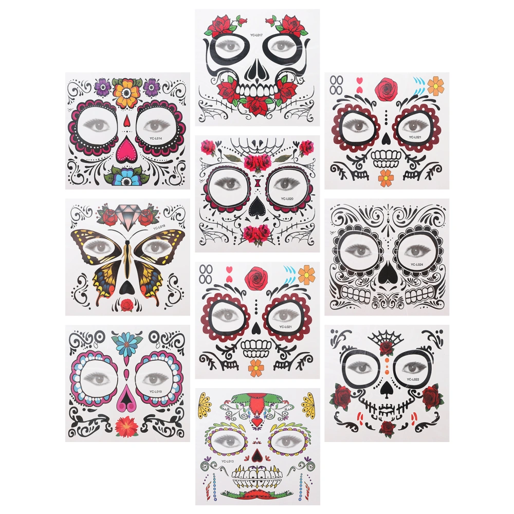 10 Sheets Halloween Skull Temporary Stickers Festival Party Face Stickers Random Style