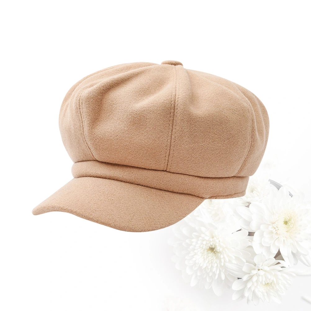 1PC Woolen Octagonal Autumn Winter Stylish Warm Peaked Beret for Women Girls (Khaki)