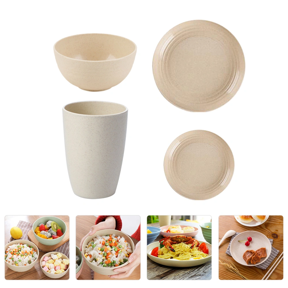 4Pcs Wheat Straw Tableware Bowl Cup Plate Set Tableware Presents (Beige)