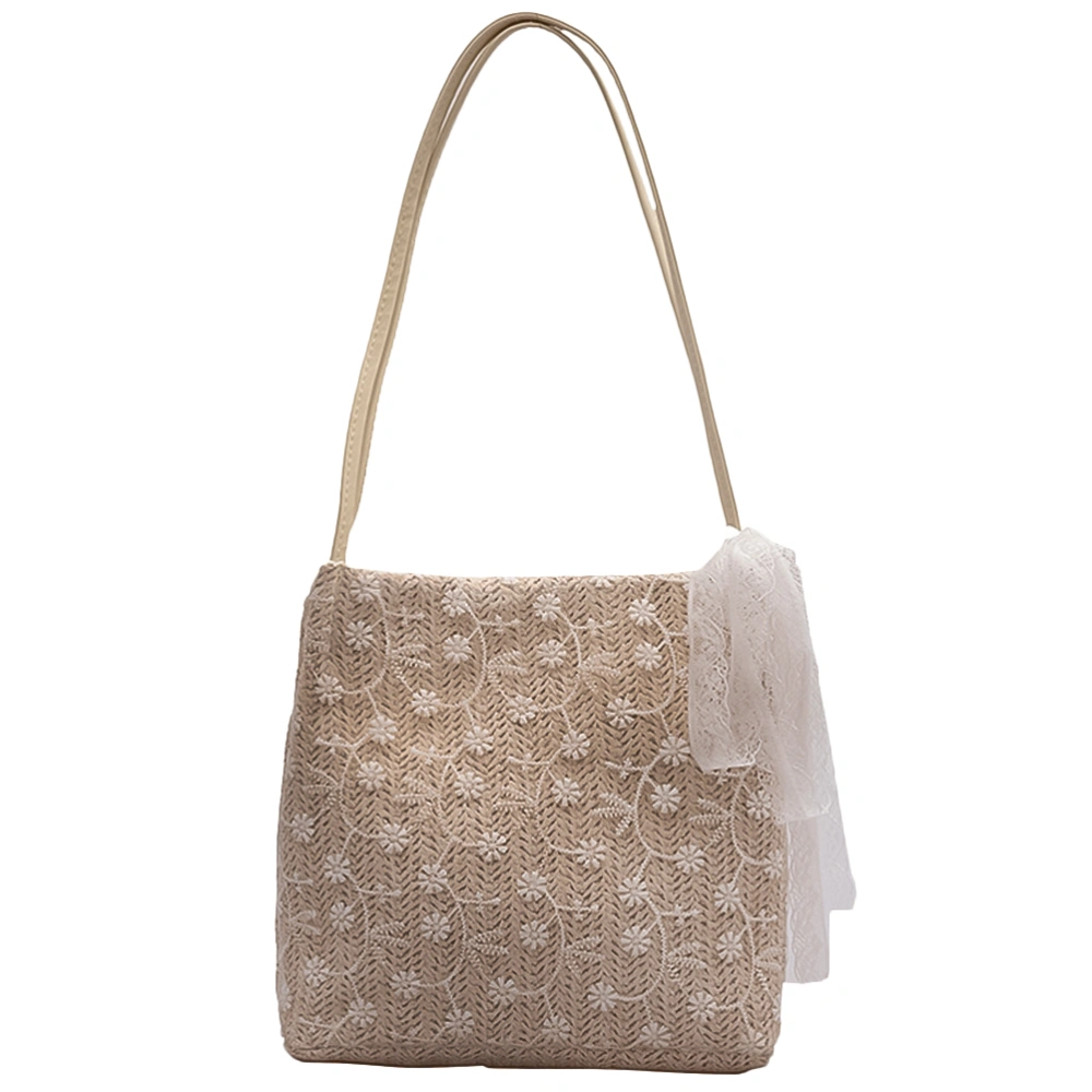 1Pc Straw Woven Handbag Lace Bucket Bag Fashion Cross-body Bag Casual Tote Pouch for Lady Woman Girl (Khaki)