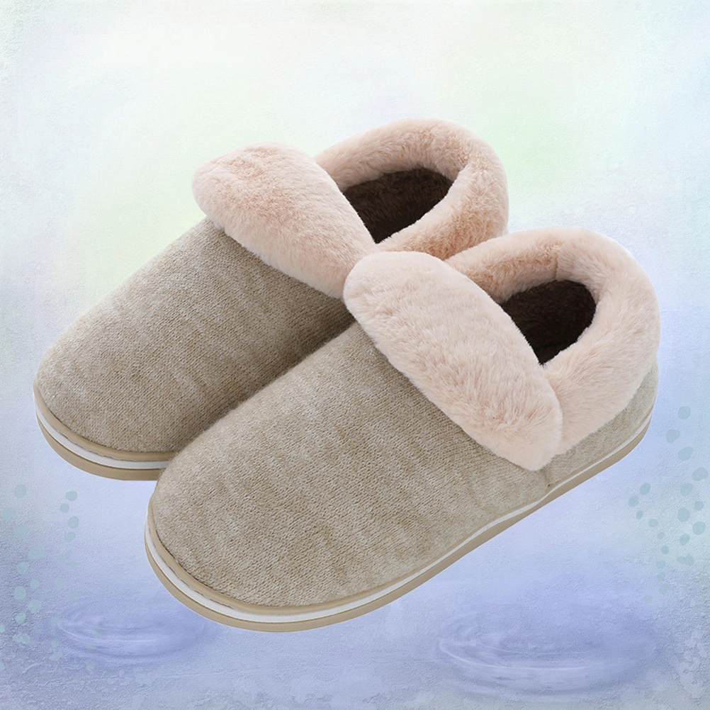 Winter Warm Slippers Cover Heel Slippers Thicken Plush Slippers Skid Resistance Slippers (Khaki Size 37-48 for Women)