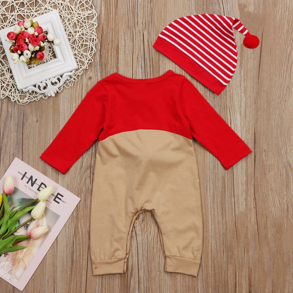 Newborn Baby Boys Girls Christmas Long Sleeve Red Nose Cartoon Reindeer Pajama Jumpsuit Stripe Hat Bodysuit Set Suitable for 6-12 Months(80cm)