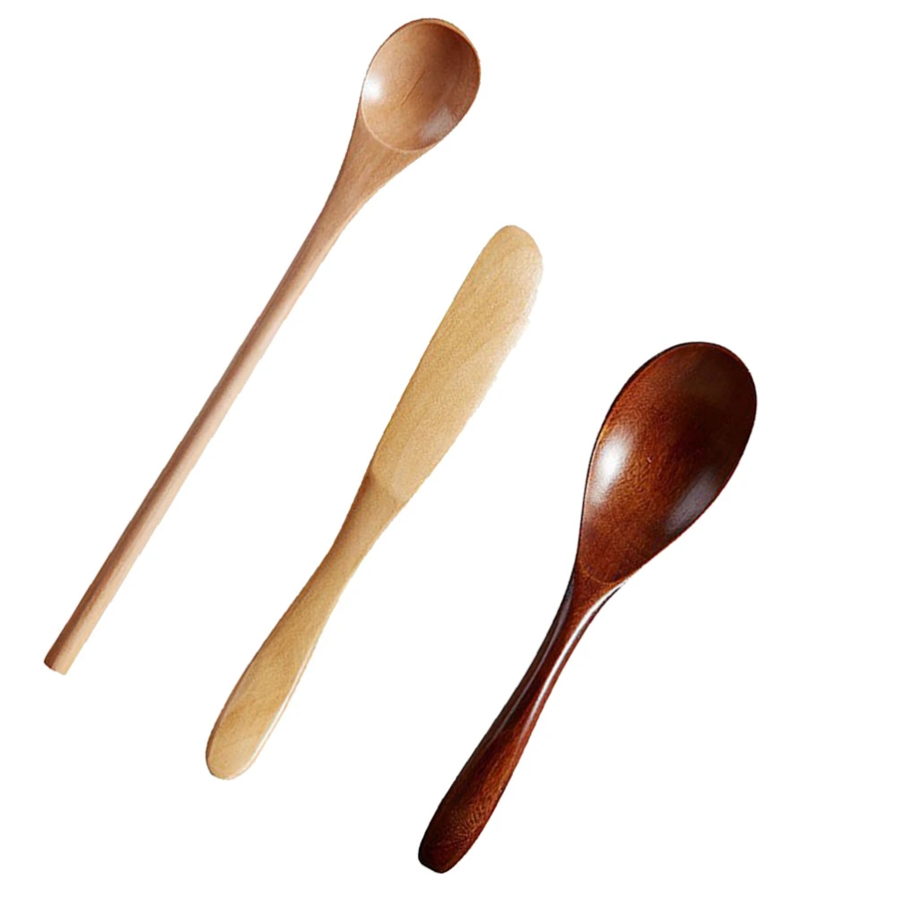 3PCS Wooden Tableware Multi-size Honey Spoon Coffee Stirring Spoon Solid Wooden Teaspoon