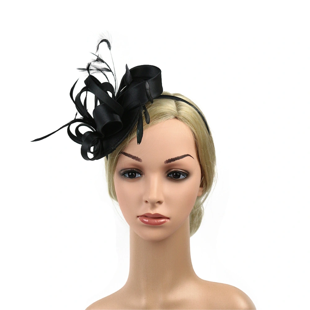 Bridal Tiara Satin Feather Hair Accessories Mesh Head Flower Stage Party Hairpin Hat (Black)