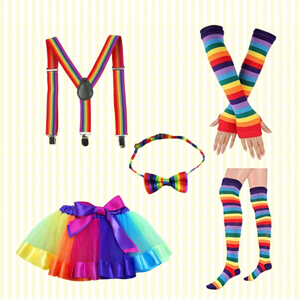 Rainbow Tutu Skirt Kit Colorful Bowknot Tie Long Gloves Stocking Suspenders Costumes Accessory Set for Adult(Style B)