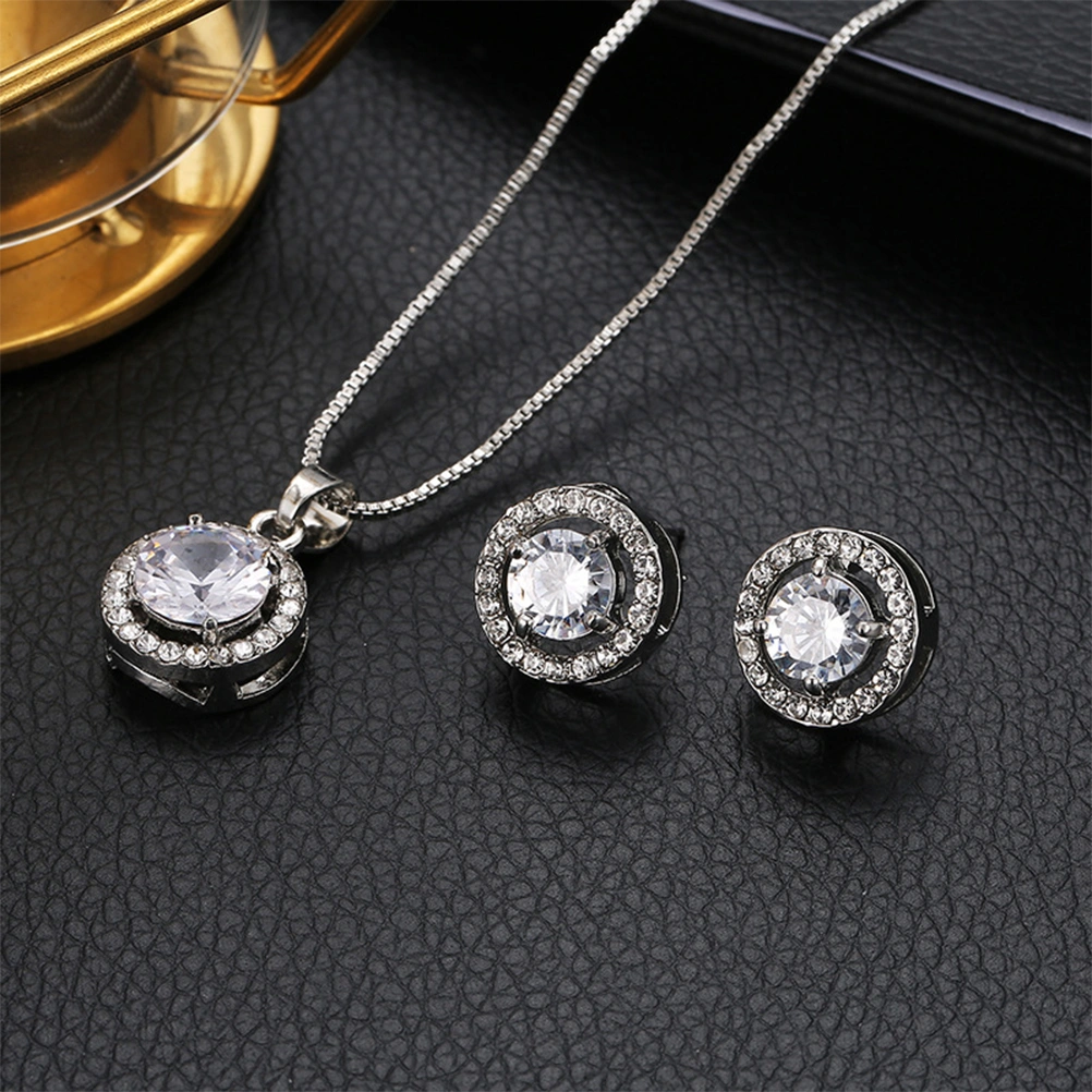 1 Set of Fashion Ear Stud Elegant Earrings Round Earbob Zircon Necklace Neck Chain Women Jewelry Silver