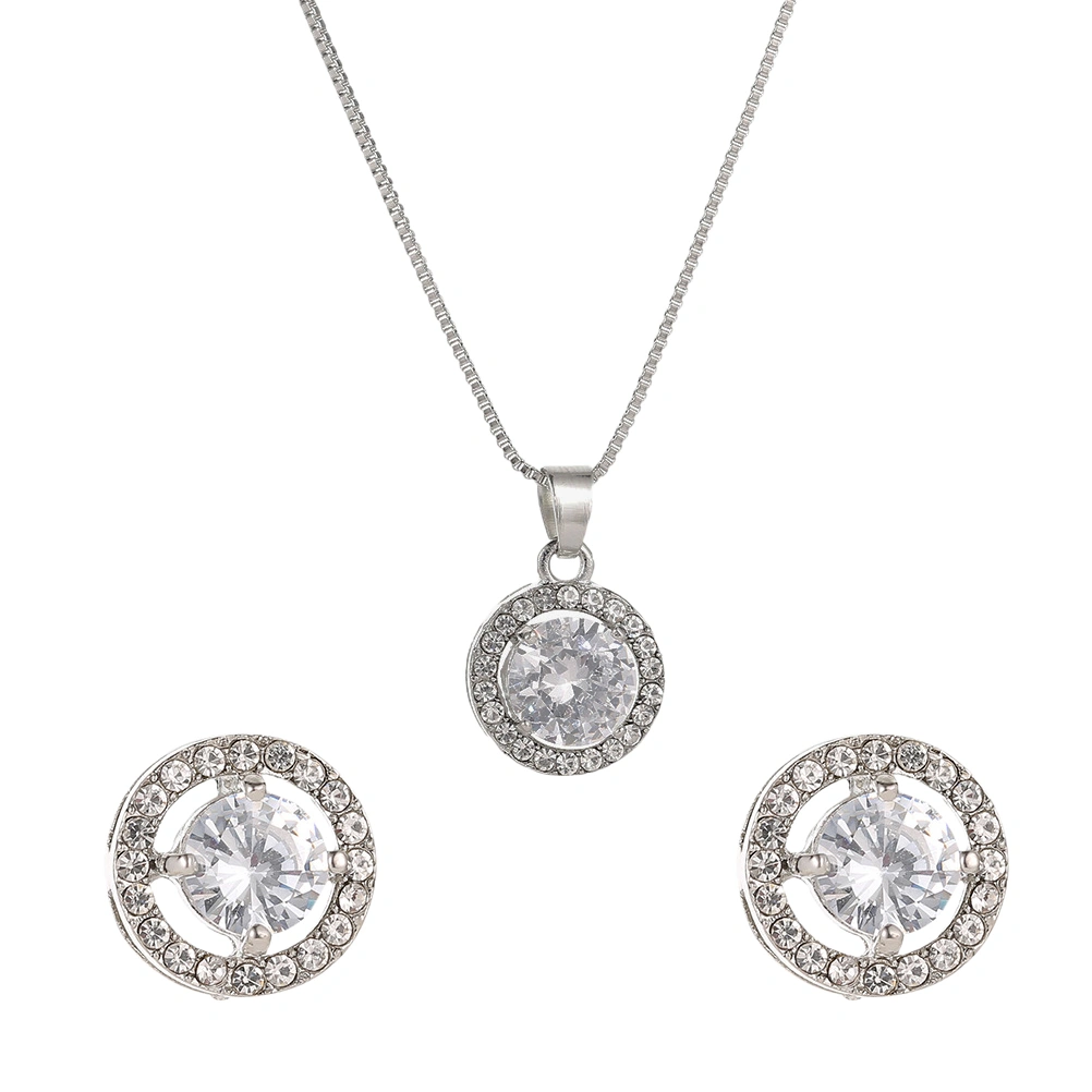 1 Set of Fashion Ear Stud Elegant Earrings Round Earbob Zircon Necklace Neck Chain Women Jewelry Silver
