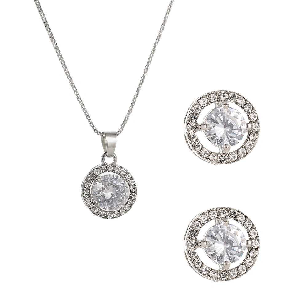 1 Set of Fashion Ear Stud Elegant Earrings Round Earbob Zircon Necklace Neck Chain Women Jewelry Silver