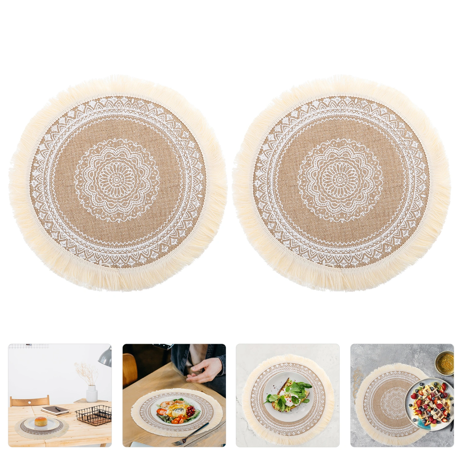 2Pcs Tassel Placemats Nordic Style Placemats Round Desktop Placemats Cotton and Linen Mats