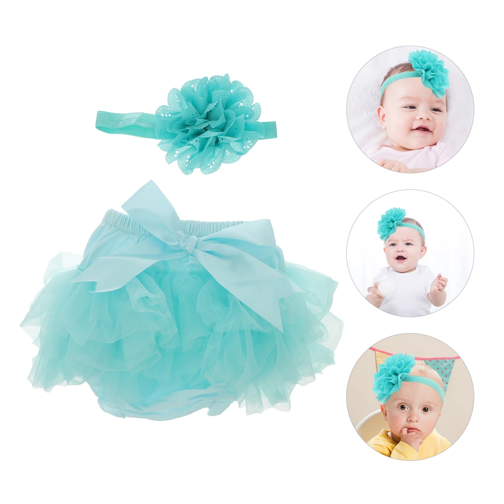 1pc Tutu Skirt and Flower Headband Baby Girls Photography Props Newborn Birthday Dress Headwear Size M(Blue)