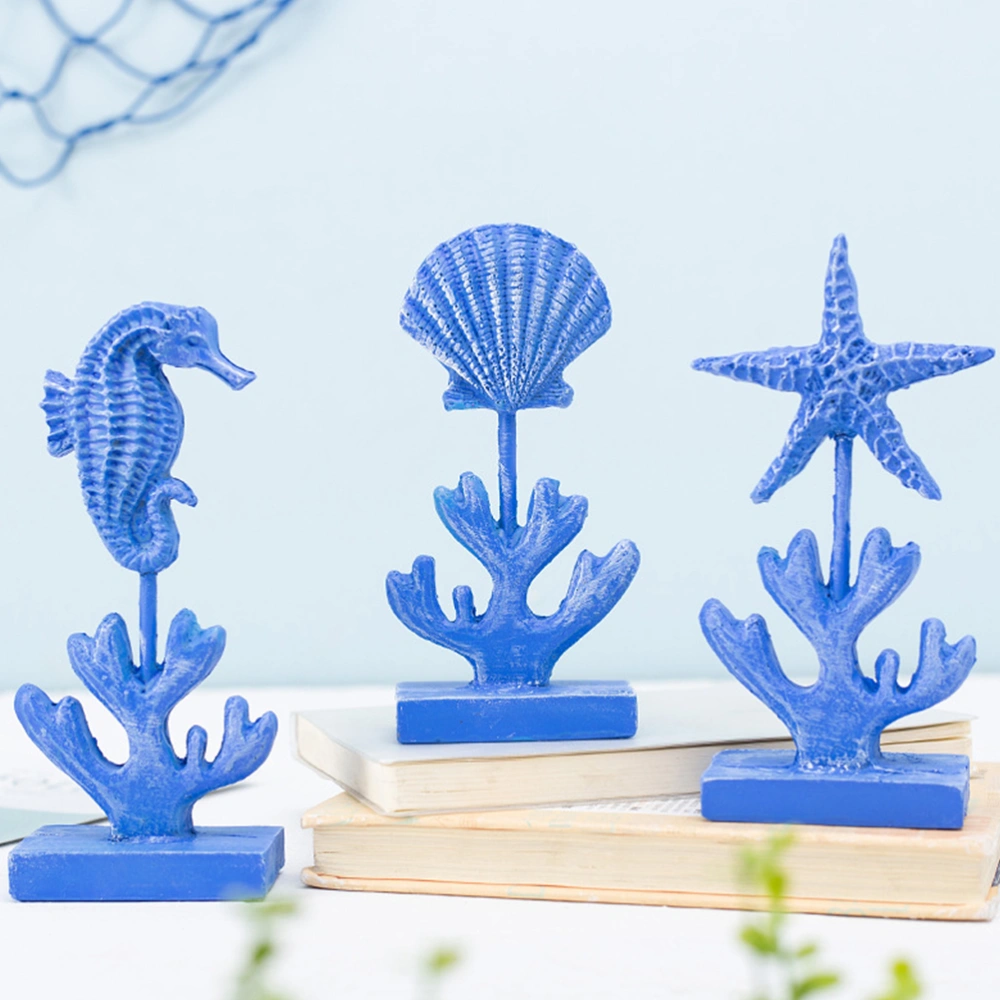 3PCS Resin Sea Star Decor Vivid Sea Horse Shell Ornament Mediterranean Style Resin Statue Creative Household Sea Star Horse Crafts for Home (Blue)