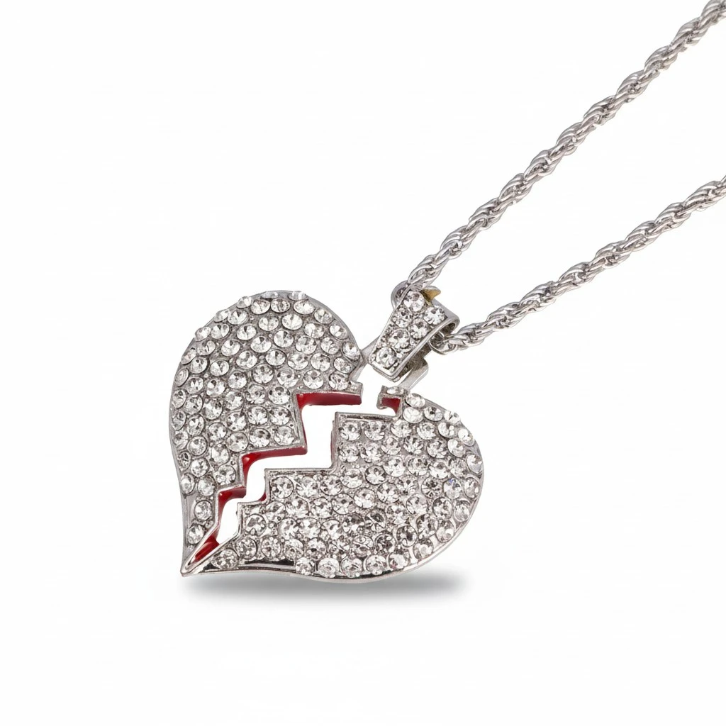 Broken Heart Shaped Necklace Rhinestone Neck Pendant Alloy Neck Jewelry Neck Decoration Silver