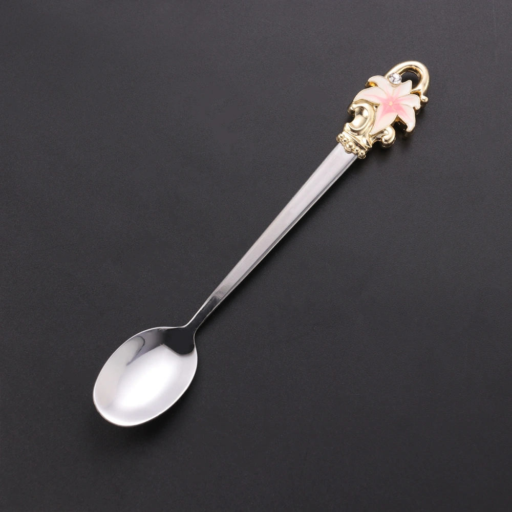 Stainless Steel Enamel Spoon Coffee Stirring Spoons Delicate Teaspoon Dessert Scoop (Pink Lily)