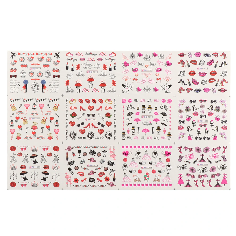 36Pcs Fashion Nail Stickers Valentine's Day Nail Decals Manicure Stickers for Women Girls